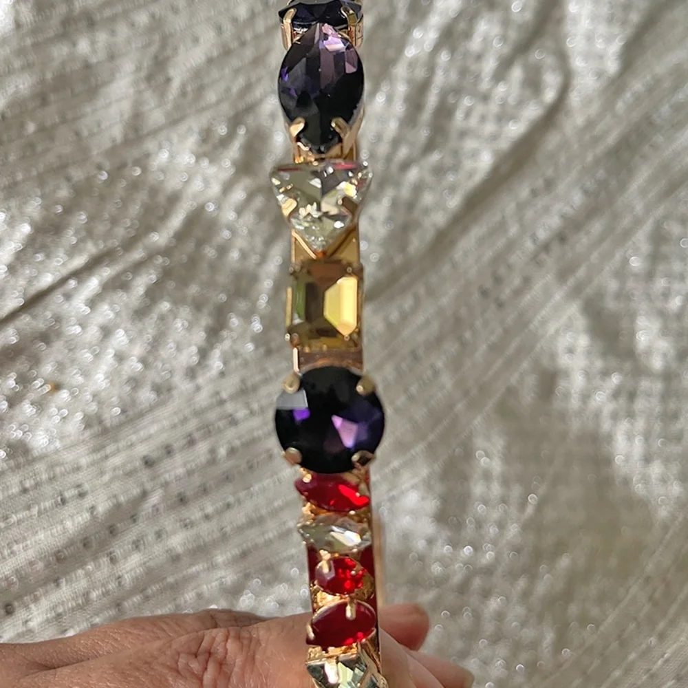 Chunky Multicolor Crystal Statement Headband Gold Jewel Tone Hairband OS